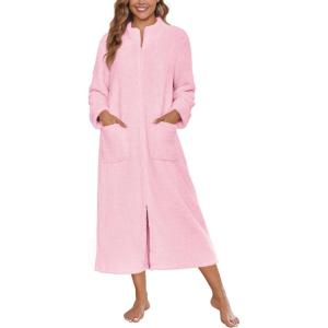 Ekouaer Women Zipper Robe Fleece Long Sleeves Bathrobe Sleepwear Warm Soft Housecoat with Pockets Zip Up House Dresses(Light Pink)