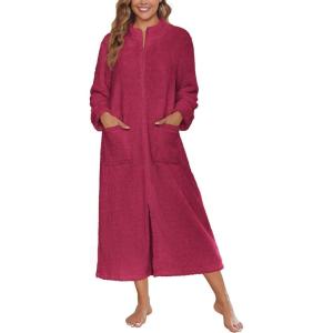 Ekouaer Women Zipper Robe Fleece Long Sleeves Bathrobe Sleepwear Warm Soft Housecoat with Pockets Zip Up House Dresses(Wine Red)