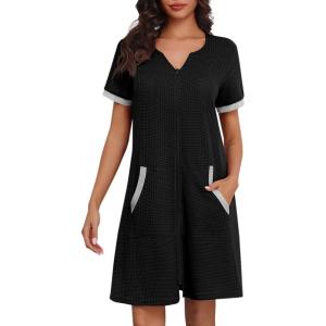 Ekouaer Women Zipper Robe Waffle Short Sleeve Bathrobes Lightweight Knee Length Housecoat with Pockets S-3XL(Black)