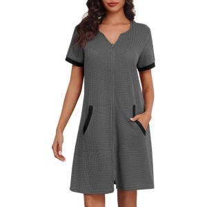 Ekouaer Women Zipper Robe Waffle Short Sleeve Bathrobes Lightweight Knee Length Housecoat with Pockets S-3XL(Dark Gray)