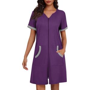 Ekouaer Women Zipper Robe Waffle Short Sleeve Bathrobes Lightweight Knee Length Housecoat with Pockets S-3XL(Dark Purple)