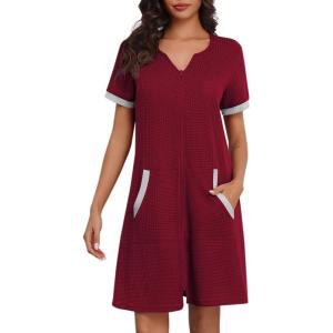 Ekouaer Women Zipper Robe Waffle Short Sleeve Bathrobes Lightweight Knee Length Housecoat with Pockets S-3XL(Dark Red)