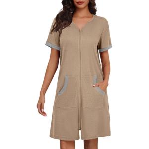 Ekouaer Women Zipper Robe Waffle Short Sleeve Bathrobes Lightweight Knee Length Housecoat with Pockets S-3XL(Khaki)