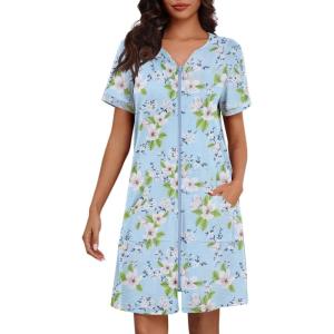 Ekouaer Women Zipper Robe Waffle Short Sleeve Bathrobes Lightweight Knee Length Housecoat with Pockets S-3XL(Light Blue Flower)