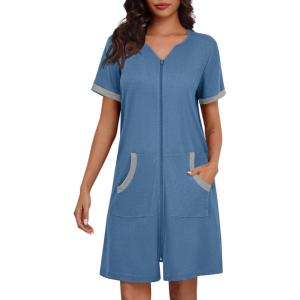 Ekouaer Women Zipper Robe Waffle Short Sleeve Bathrobes Lightweight Knee Length Housecoat with Pockets S-3XL(Navy)