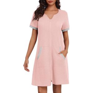 Ekouaer Women Zipper Robe Waffle Short Sleeve Bathrobes Lightweight Knee Length Housecoat with Pockets S-3XL(Pink)