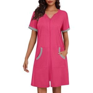 Ekouaer Women Zipper Robe Waffle Short Sleeve Bathrobes Lightweight Knee Length Housecoat with Pockets S-3XL(Rose)