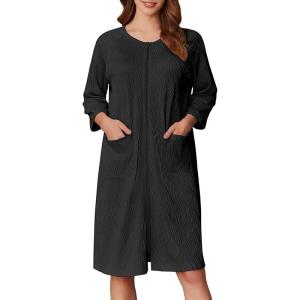 Ekouaer Women Zipper Robes 3/4 Sleeve Ribbed Knit Bathrobe Lightweight Knee Length Loungewear Housecoat with Pockets S-3XL(Black)