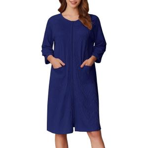 Ekouaer Women Zipper Robes 3/4 Sleeve Ribbed Knit Bathrobe Lightweight Knee Length Loungewear Housecoat with Pockets S-3XL(Dark Blue)