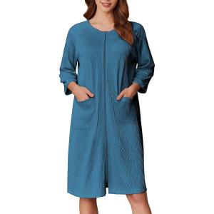Ekouaer Women Zipper Robes 3/4 Sleeve Ribbed Knit Bathrobe Lightweight Knee Length Loungewear Housecoat with Pockets S-3XL(Duck Blue)