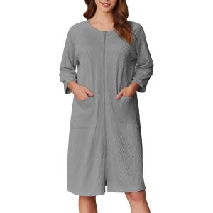 Ekouaer Women Zipper Robes 3/4 Sleeve Ribbed Knit Bathrobe Lightweight Knee Length Loungewear Housecoat with Pockets S-3XL(Grey)