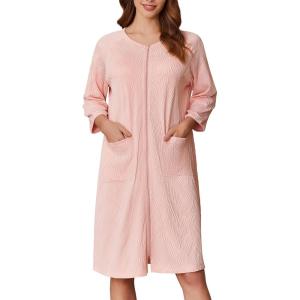 Ekouaer Women Zipper Robes 3/4 Sleeve Ribbed Knit Bathrobe Lightweight Knee Length Loungewear Housecoat with Pockets S-3XL(Light Pink)