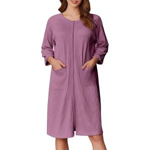 Ekouaer Women Zipper Robes 3/4 Sleeve Ribbed Knit Bathrobe Lightweight Knee Length Loungewear Housecoat with Pockets S-3XL(Light Purple)
