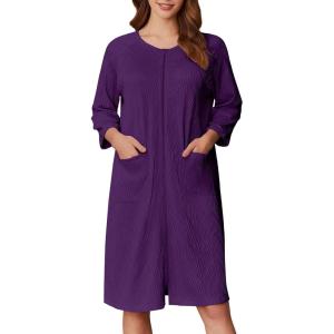 Ekouaer Women Zipper Robes 3/4 Sleeve Ribbed Knit Bathrobe Lightweight Knee Length Loungewear Housecoat with Pockets S-3XL(Purple)