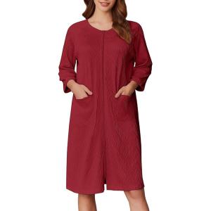 Ekouaer Women Zipper Robes 3/4 Sleeve Ribbed Knit Bathrobe Lightweight Knee Length Loungewear Housecoat with Pockets S-3XL(Red)