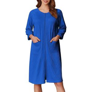 Ekouaer Women Zipper Robes 3/4 Sleeve Ribbed Knit Bathrobe Lightweight Knee Length Loungewear Housecoat with Pockets S-3XL(Sky Blue)