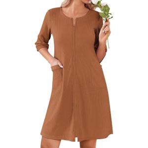 Ekouaer Women Zipper Robes Knee Length Waffle Knit Bathrobe Lightweight House Coat with Pockets 3/4 Sleeves Loungewear S-3XL(Deep Khaki)