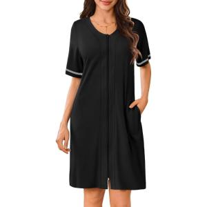 Ekouaer Women Zipper Robes Short Sleeves Housecoat Lightweight Bathrobes Zip Up Robe Casual Nightgown with Pockets S-2XL(Black)