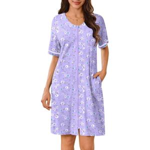 Ekouaer Women Zipper Robes Short Sleeves Housecoat Lightweight Bathrobes Zip Up Robe Casual Nightgown with Pockets S-2XL(Purple Floral)