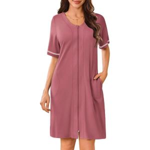 Ekouaer Women Zipper Robes Short Sleeves Housecoat Lightweight Bathrobes Zip Up Robe Casual Nightgown with Pockets S-2XL(Purple Gray Red)