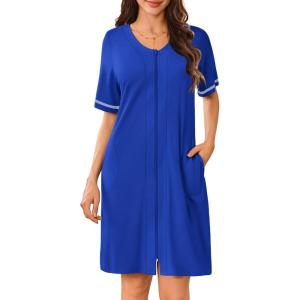Ekouaer Women Zipper Robes Short Sleeves Housecoat Lightweight Bathrobes Zip Up Robe Casual Nightgown with Pockets S-2XL(Sky Blue)