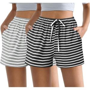 Ekouaer Womens 2 Pack Pajama Shorts Comfy Lounge Bottom Y2k Printed Sleep Short with Pockets Pj Bottoms S-XXL(Black Stripe/Grey Stripe)