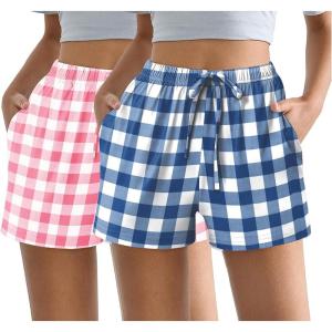 Ekouaer Womens 2 Pack Pajama Shorts Comfy Lounge Bottom Y2k Printed Sleep Short with Pockets Pj Bottoms S-XXL(Blue-white Plaid/Pink-white Plaid)