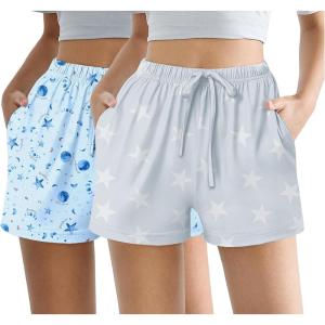 Ekouaer Womens 2 Pack Pajama Shorts Comfy Lounge Bottom Y2k Printed Sleep Short with Pockets Pj Bottoms S-XXL(Grey Star/Blue Star)