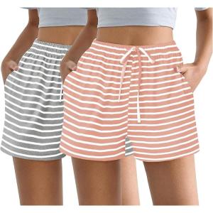 Ekouaer Womens 2 Pack Pajama Shorts Comfy Lounge Bottom Y2k Printed Sleep Short with Pockets Pj Bottoms S-XXL(Pink Stripe/Grey Stripe)