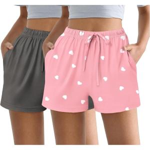 Ekouaer Womens 2 Pack Pajama Shorts Comfy Lounge Bottom Y2k Printed Sleep Short with Pockets Pj Bottoms S-XXL(White Heart/Light Grey)