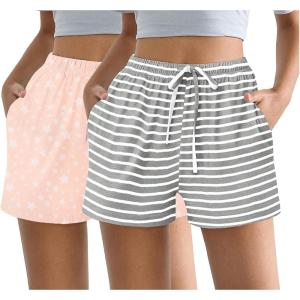 Ekouaer Womens 2 Pack Pajama Shorts Comfy Lounge Bottom Y2k Printed Sleep Short with Pockets Pj Bottoms S-XXL(White Star/Grey Stripe)