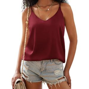 Ekouaer Womens 2-Pack Silk Satin Camisole Tank Top V Neck Sexy Cross Back Spaghetti Strap Cami Sleeveless Lounge Tops S-XXL(1-wine Red)