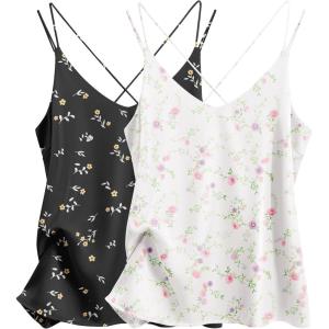 Ekouaer Womens 2-Pack Silk Satin Camisole Tank Top V Neck Sexy Cross Back Spaghetti Strap Cami Sleeveless Lounge Tops S-XXL(Black Floral+white Floral)