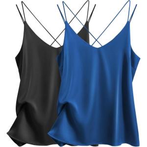 Ekouaer Womens 2-Pack Silk Satin Camisole Tank Top V Neck Sexy Cross Back Spaghetti Strap Cami Sleeveless Lounge Tops S-XXL(Black+snorkel Blue)