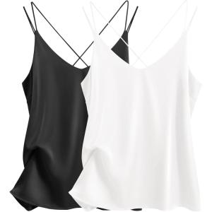 Ekouaer Womens 2-Pack Silk Satin Camisole Tank Top V Neck Sexy Cross Back Spaghetti Strap Cami Sleeveless Lounge Tops S-XXL(Black+white)
