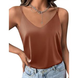 Ekouaer Womens 2-Pack Silk Satin Camisole Tank Top V Neck Sexy Cross Back Spaghetti Strap Cami Sleeveless Lounge Tops S-XXL(Caramel)
