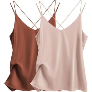 Ekouaer Womens 2-Pack Silk Satin Camisole Tank Top V Neck Sexy Cross Back Spaghetti Strap Cami Sleeveless Lounge Tops S-XXL(Caramel+champagne)