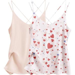 Ekouaer Womens 2-Pack Silk Satin Camisole Tank Top V Neck Sexy Cross Back Spaghetti Strap Cami Sleeveless Lounge Tops S-XXL(Champagne+heart)