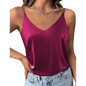 Ekouaer Womens 2-Pack Silk Satin Camisole Tank Top V Neck Sexy Cross Back Spaghetti Strap Cami Sleeveless Lounge Tops S-XXL(Rose Red)