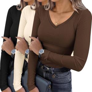 Ekouaer Womens 3 Pack Long Sleeve Shirts V Neck Ribbed Slim Fit Basic Tops Thermal Undershirts Casual Tee XS-XXL(Black/Beige/Brown)