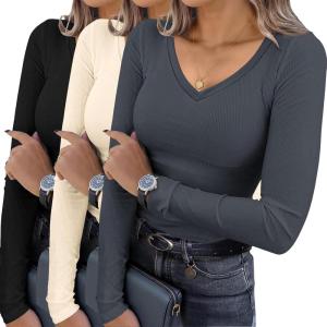 Ekouaer Womens 3 Pack Long Sleeve Shirts V Neck Ribbed Slim Fit Basic Tops Thermal Undershirts Casual Tee XS-XXL(Black/Beige/Dark Grey)