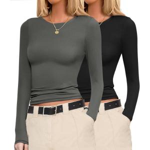 Ekouaer Womens Long Sleeve Shirts Fitted Tops Stretchy Base Layer Basic Tight Thermal Undershirt XS-XXL(Black/Dark Gray)