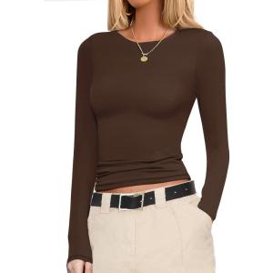 Ekouaer Womens Long Sleeve Shirts Fitted Tops Stretchy Base Layer Basic Tight Thermal Undershirt XS-XXL(Brown)