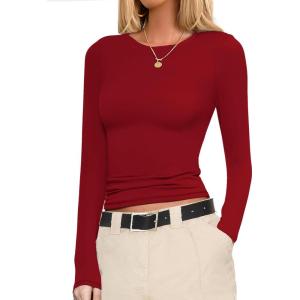 Ekouaer Womens Long Sleeve Shirts Fitted Tops Stretchy Base Layer Basic Tight Thermal Undershirt XS-XXL(Burgundy)