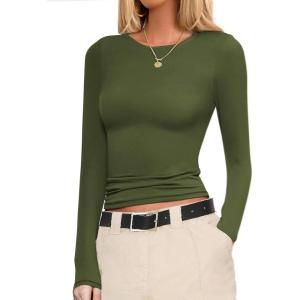 Ekouaer Womens Long Sleeve Shirts Fitted Tops Stretchy Base Layer Basic Tight Thermal Undershirt XS-XXL(Olive Green)