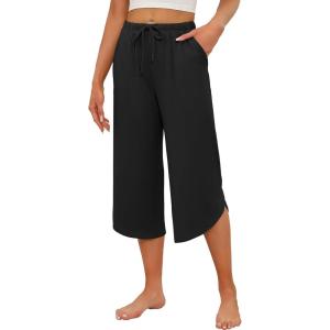 Ekouaer Womens Pajama Pants Capri Wide Leg lounge Pj Pants Summer Comfy Drawstring Pajama Bottoms with Pockets(Black)