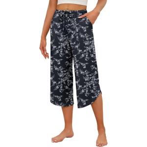 Ekouaer Womens Pajama Pants Capri Wide Leg lounge Pj Pants Summer Comfy Drawstring Pajama Bottoms with Pockets(Black Flower)
