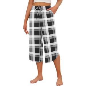 Ekouaer Womens Pajama Pants Capri Wide Leg lounge Pj Pants Summer Comfy Drawstring Pajama Bottoms with Pockets(Black Plaid)
