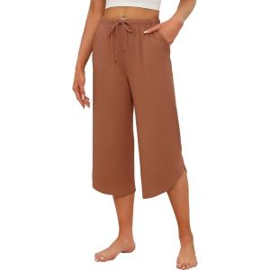 Ekouaer Womens Pajama Pants Capri Wide Leg lounge Pj Pants Summer Comfy Drawstring Pajama Bottoms with Pockets(Brick Red)