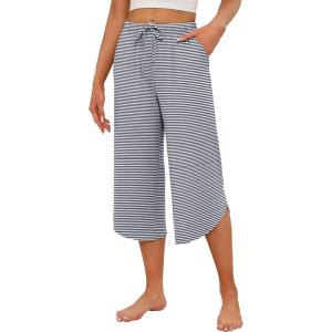 Ekouaer Womens Pajama Pants Capri Wide Leg lounge Pj Pants Summer Comfy Drawstring Pajama Bottoms with Pockets(Grey Stripes)